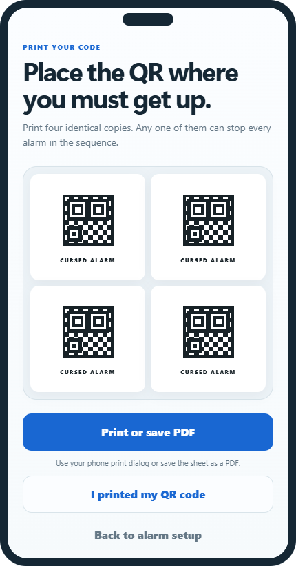 Cursed Alarm screen with four printable copies of the reusable QR code